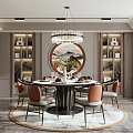 Elegant Restaurant Interior With Round Dining Table Chairs Chandelier And Circular Decorative Painting