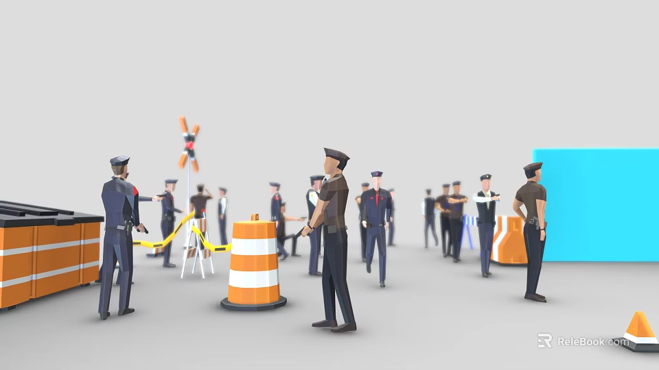 Group of Policemen and Security Personnel Managing Traffic With Cones and Yellow Tape 3d model 