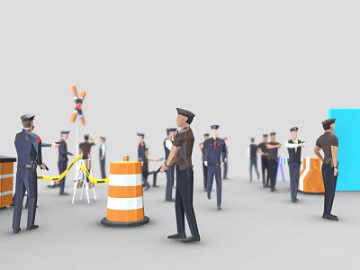 Group of Policemen and Security Personnel Managing Traffic With Cones and Yellow Tape 3d model