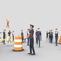 Group of Policemen and Security Personnel Managing Traffic With Cones and Yellow Tape