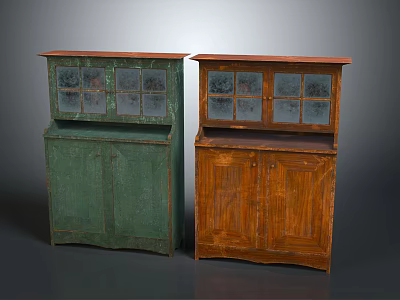 Two Vintage Wine Cabinets With Glass Doors And Green Wooden Finishes 3d model