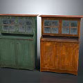 Two Vintage Wine Cabinets With Glass Doors And Green Wooden Finishes