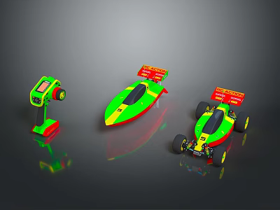 Colorful Green Yellow Red Toy Racing Cars With Rear Wings And Remote Control 3d model