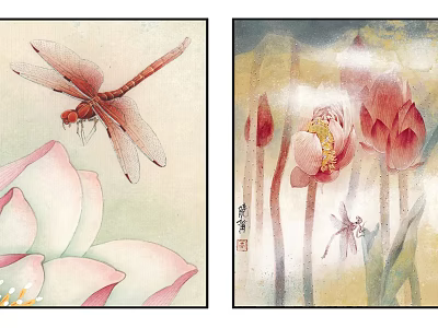 Traditional Chinese Ink Paintings Showing Dragonflies And Blooming Lotus Flowers 3d model