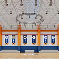 Basketball Gym Interior With Wooden Court Team Banners Scoreboard And Ceiling Lights