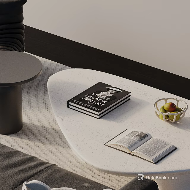 Living Room Sofa and Coffee Table Set Featuring White Table Books and Glass Fruit Bowl 3d model 