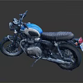 Vintage Classic Motorcycle With Blue White Body Brown Leather Seat And Chrome Exhaust Parts