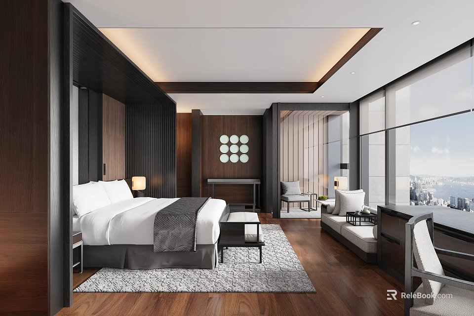 Modern Hotel Room With King Bed Sofa Area Wooden Decor Large Windows And City View 3d model 