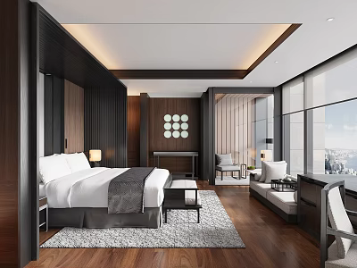 Modern Hotel Room With King Bed Sofa Area Wooden Decor Large Windows And City View 3d model