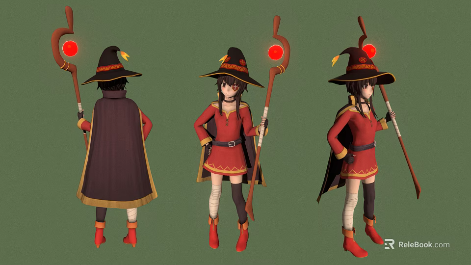 3D Mage Character With Red Outfit Black Hat And Staff Display Three Angles View 3d model 