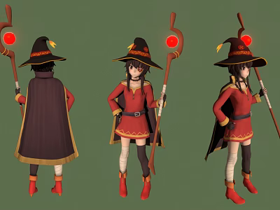 3D Mage Character With Red Outfit Black Hat And Staff Display Three Angles View 3d model