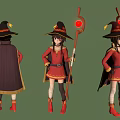 3D Mage Character With Red Outfit Black Hat And Staff Display Three Angles View