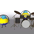 Cartoon Minion Figure With Headphones And Musical Drum Set Instruments
