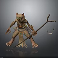 Mystical Creature With Cat Like Head Green Eyes Red Ears Holding Staff And Decorative Outfit