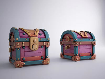 Two Purple and Blue Treasure Chests with Golden Locks Chains and Rivets 3d model