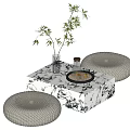 Stylish Marble Square Tea Table Set with Woven Stools Bamboo Vase and Decorative Elements