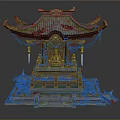 Cartoon Scene Of Traditional Oriental Temple With Green Roof Golden Decorations Stone Steps And Small Pavilions