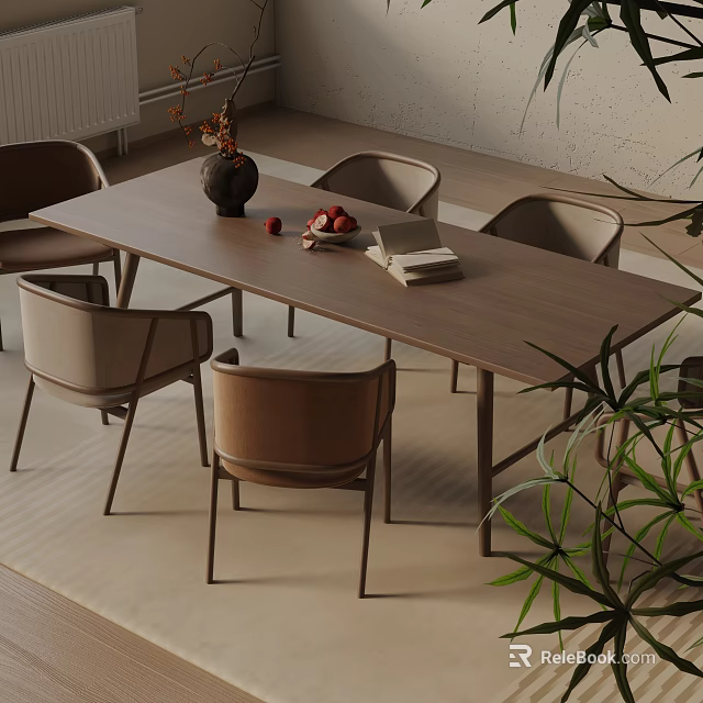 Modern Wooden Dining Table Set With Chairs Vase Fruits Books And Plant 3d model 