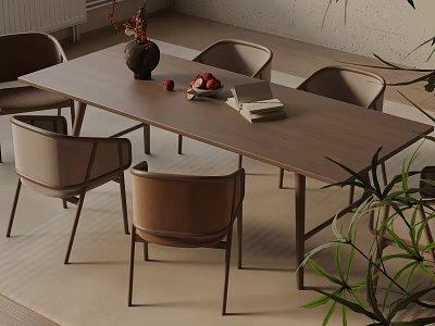Modern Wooden Dining Table Set With Chairs Vase Fruits Books And Plant 3d model