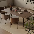 Modern Wooden Dining Table Set With Chairs Vase Fruits Books And Plant