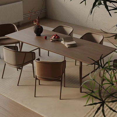 Modern Wooden Dining Table Set With Chairs Vase Fruits Books And Plant 3d model