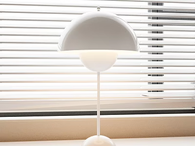 Modern White Dome Shaped Table Lamp With Soft Illuminated Light Near Window Blinds 3d model