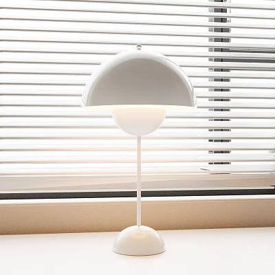 Modern White Dome Shaped Table Lamp With Soft Illuminated Light Near Window Blinds 3d model