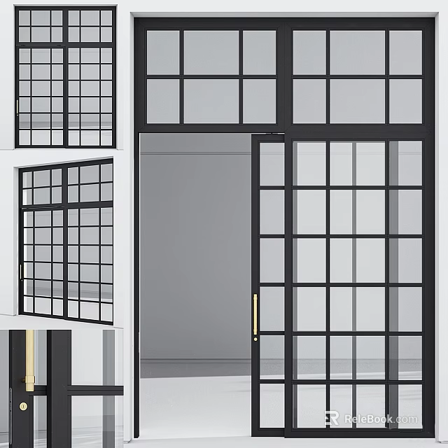 Modern Sliding Doors Design With Black Frame And Grid Glass For Interior Space 3d model 