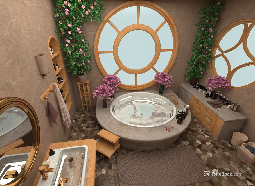 Elegant Bathroom Interior With Bathtub Round Windows Purple Flowers Mirror And Wooden Vanity 3d model 