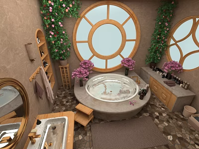 Elegant Bathroom Interior With Bathtub Round Windows Purple Flowers Mirror And Wooden Vanity 3d model