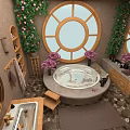 Elegant Bathroom Interior With Bathtub Round Windows Purple Flowers Mirror And Wooden Vanity