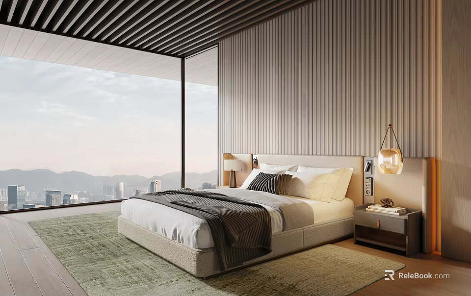 Modern Bedroom Interior With Large Windows City Mountain View Bed Nightstand Table Lamp Green Rug 3d model 