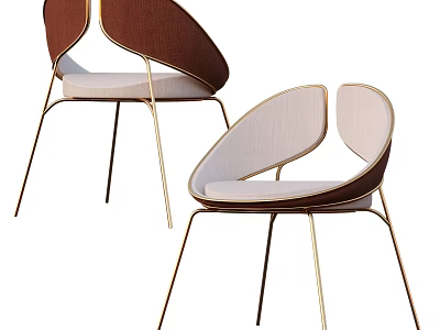 Modern Elegant Leisure Chair with Curved Backrest and Gold Metal Legs in Beige Brown Fabric 3d model