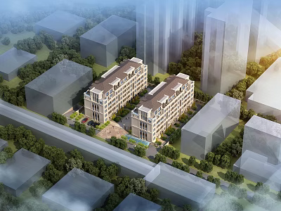 Elegant Three Story Townhouses Surrounded By Greenery And City Buildings 3d model