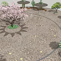 Circular Plaza Landscape With Cobblestone Ground Central Pink Flowering Tree And Surrounding Pavilions
