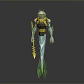 Sci Fi Humanoid Character With Transparent Helmet Blue Body Green Fins And Yellow Trident