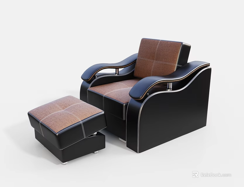 Modern Single Sofa With Black Leather Frame Brown Cushions And Matching Ottoman 3d model 