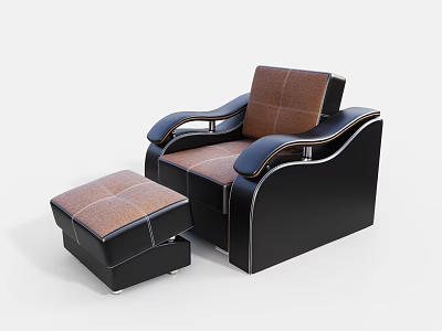 Modern Single Sofa With Black Leather Frame Brown Cushions And Matching Ottoman 3d model