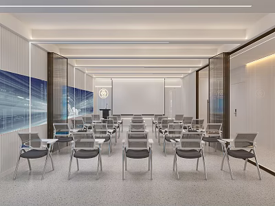 Modern Conference Room Interior With Neatly Arranged Tables Chairs Bright Lighting And Large Screen 3d model