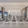 Modern Conference Room Interior With Neatly Arranged Tables Chairs Bright Lighting And Large Screen