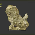 Traditional Chinese Stone Lion Statue Ancient Weathered Appearance Curled Mane and Tail Sitting Pose