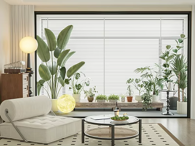 Cozy Home Balcony Interior With Green Plants Sofa Chair Coffee Table Warm Lighting And Blinds 3d model