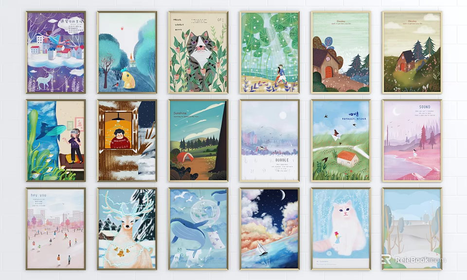 Artistic Diverse Illustrative Wall Art Collection With Cat Scenery And Landscapes 3d model 