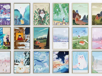 Artistic Diverse Illustrative Wall Art Collection With Cat Scenery And Landscapes 3d model