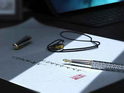 Elegant Fountain Pen Resting on Lined Notebook Paper with Necklace Seal and Laptop in Background 3d model