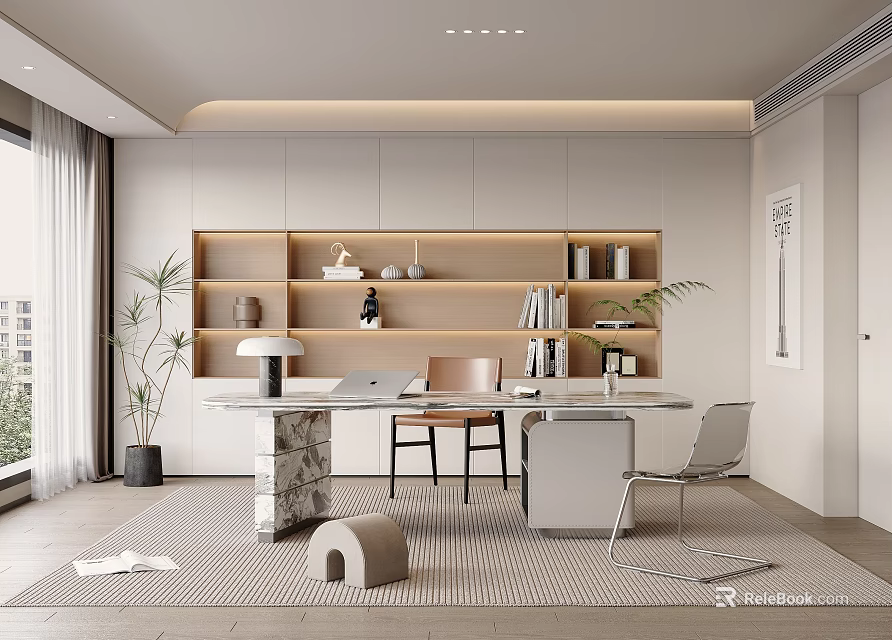 Modern Study Room Interior Design With Wooden Bookshelves Desk Lamp And Potted Plant 3d model 