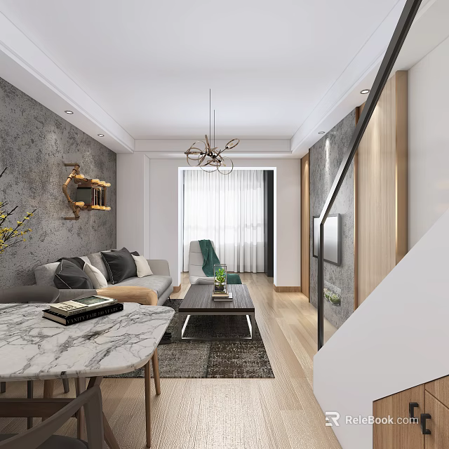Modern Living Room Interior With Gray Wall Chandelier Sofa And Green Accent Chair 3d model 