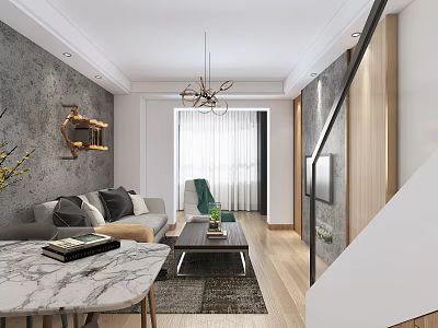 Modern Living Room Interior With Gray Wall Chandelier Sofa And Green Accent Chair 3d model