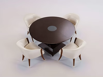 Modern Round Dining Table Set With Dark Wooden Top Glass Inlay And White Chairs 3d model