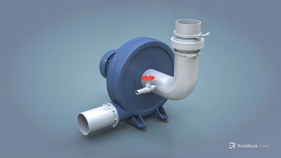 Blue Industrial Blower With White Pipe Red Valve And Base Support 3d model 